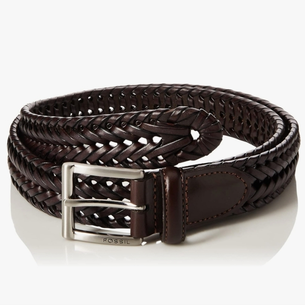 EUC Fossil Men's Brown Woven Leather Belt In Myles  Cognac Size 38